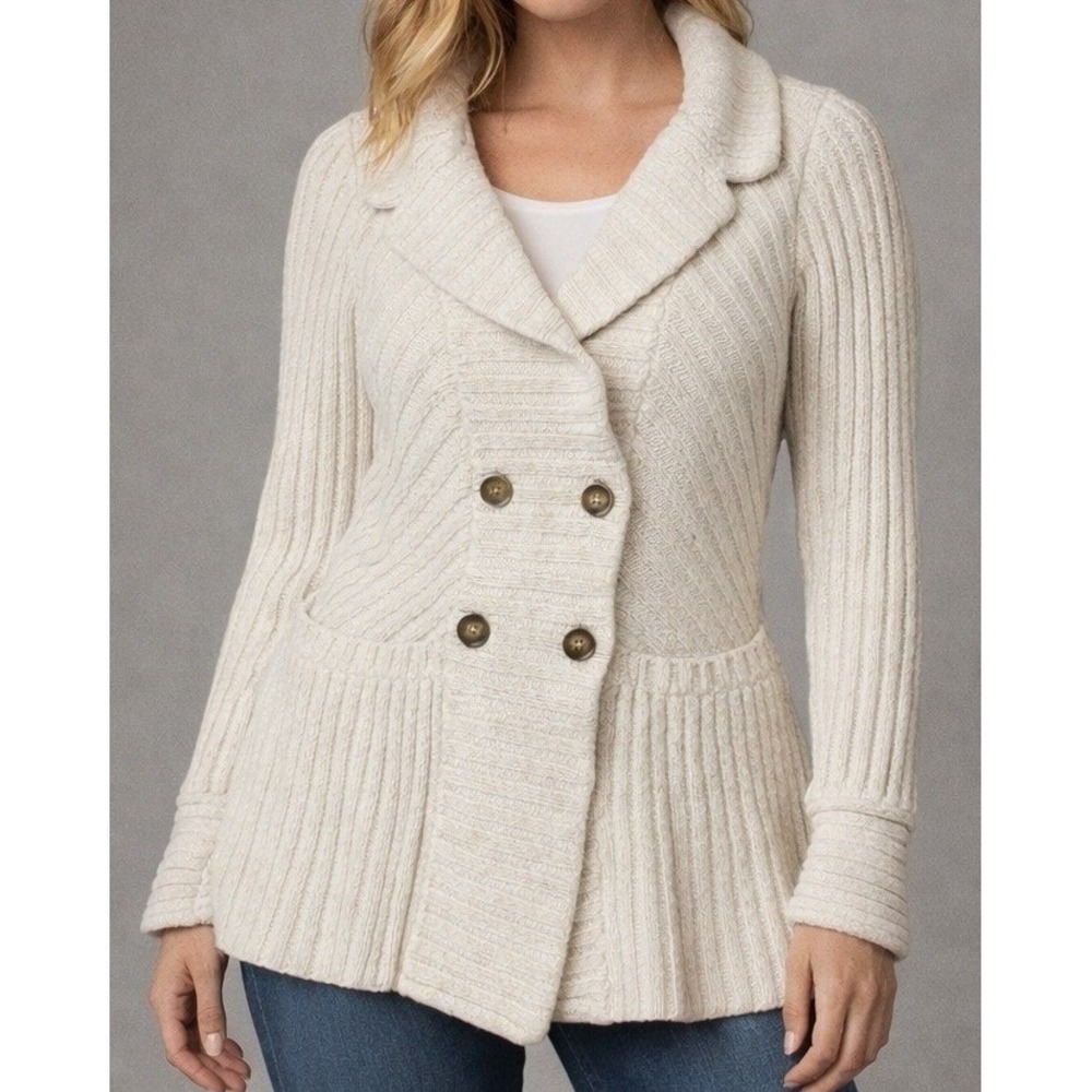 Lucky Brand Womens Small Cream Wool Blend Double Breasted Shawl Cardigan Sweater